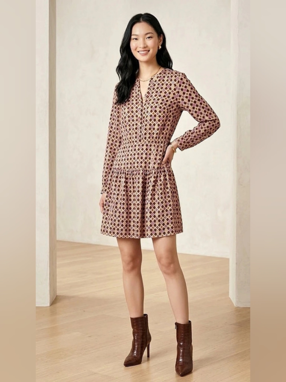 NWOT LOFT Geometric Mini Dress in Brown & Pink Size 4